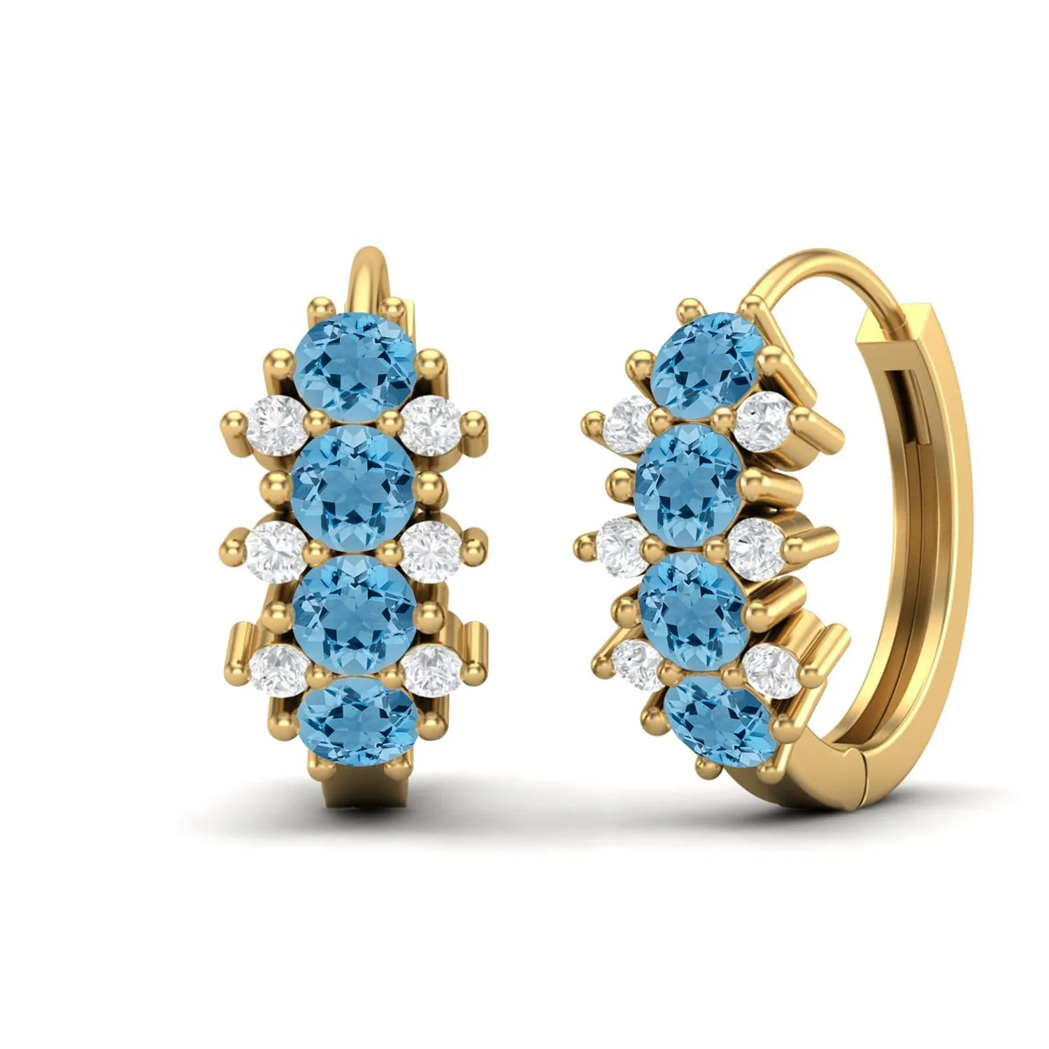 9k Yellow Gold 3MM Round Swiss Blue Topaz Huggie Hoop Earrings For Women