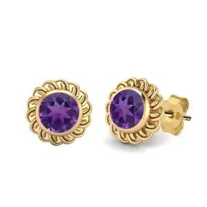 9k Yellow Gold 6mm Round African Amethyst Celtic Knot Women Stud Earrings