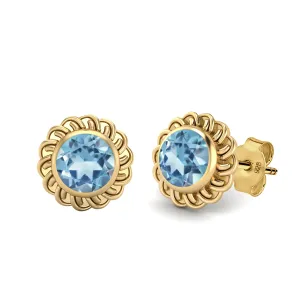 9k Yellow Gold 6mm Round Blue Topaz Celtic Knot Women Stud Earrings