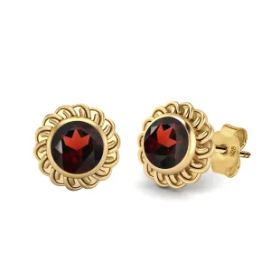 9k Yellow Gold 6mm Round Garnet Celtic Knot Women Stud Earrings