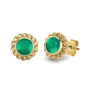 9k Yellow Gold 6mm Round Green Onyx Celtic Knot Women Stud Earrings