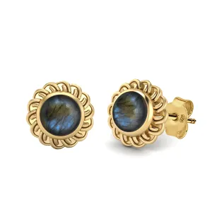 9k Yellow Gold 6mm Round Labradorite Celtic Knot Women Stud Earrings