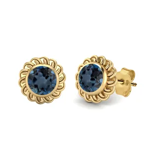 9k Yellow Gold 6mm Round London Blue Topaz Celtic Knot Women Stud Earrings