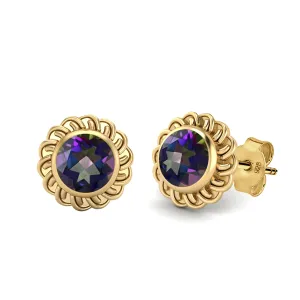 9k Yellow Gold 6mm Round Mystic Topaz Celtic Knot Women Stud Earrings