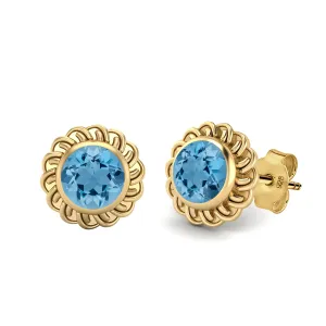 9k Yellow Gold 6mm Round Swiss Blue Topaz Celtic Knot Women Stud Earrings