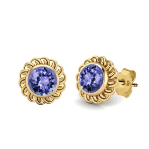 9k Yellow Gold 6mm Round Tanzanite Celtic Knot Women Stud Earrings