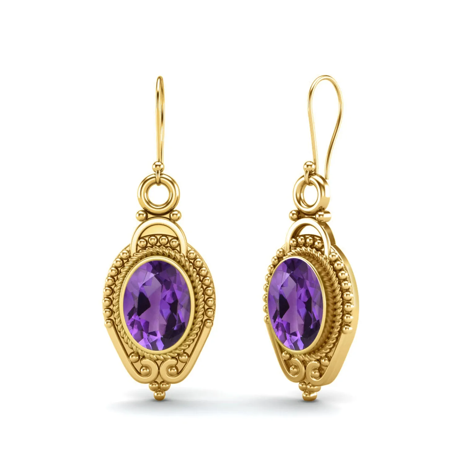 9k Yellow Gold 7x5mm Oval African Amethyst Dangle Earrings For Women