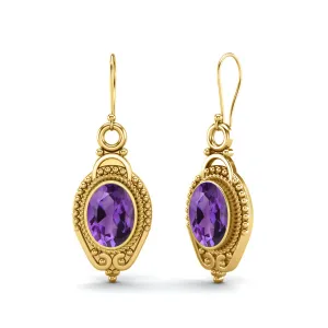 9k Yellow Gold 7x5mm Oval African Amethyst Dangle Earrings For Women