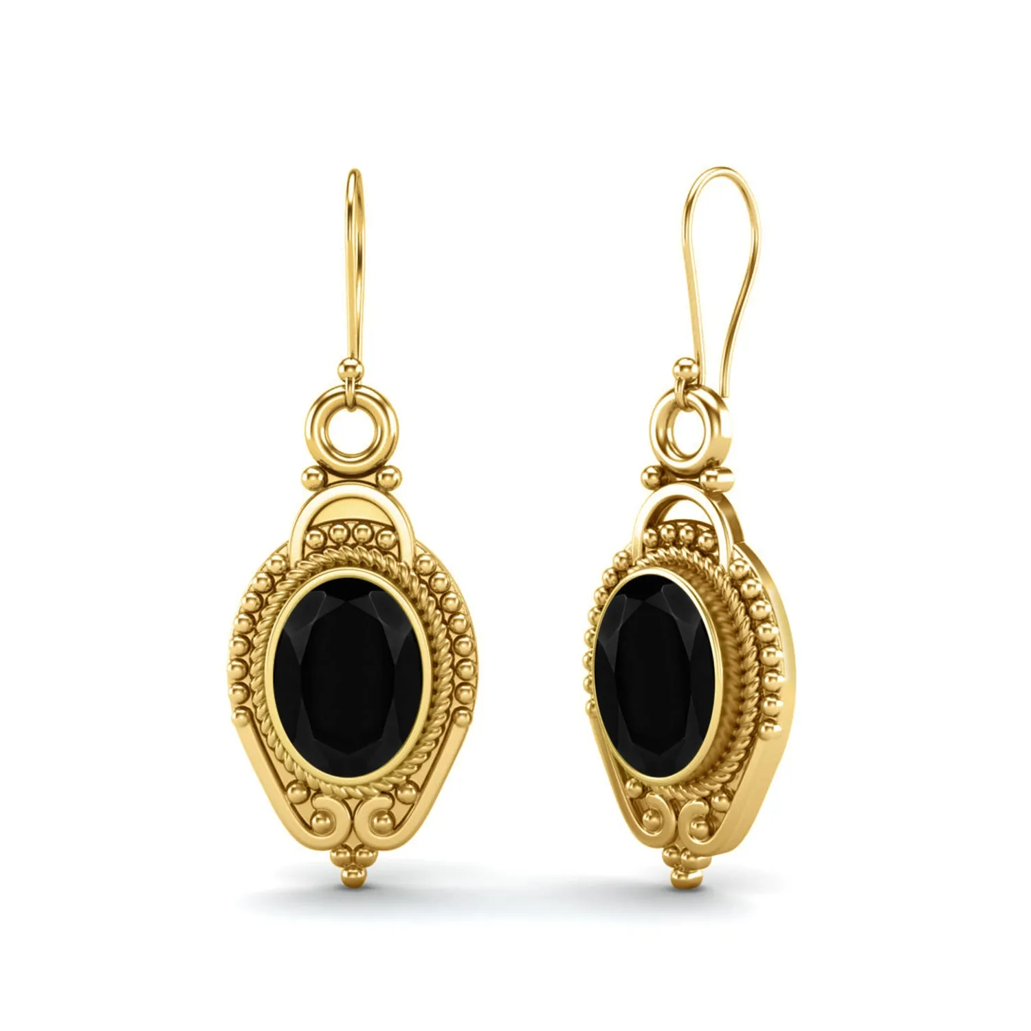9k Yellow Gold 7x5mm Oval Black Spinel Dangle Earrings For Women