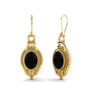 9k Yellow Gold 7x5mm Oval Black Spinel Dangle Earrings For Women