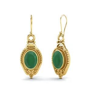 9k Yellow Gold 7x5mm Oval Green Onyx Dangle Earrings For Women