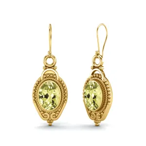 9k Yellow Gold 7x5mm Oval Lemon Quartz Dangle Earrings For Women