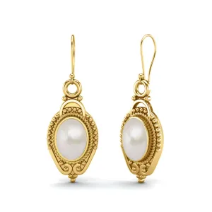 9k Yellow Gold 7x5mm Oval Pearl Dangle Earrings For Women