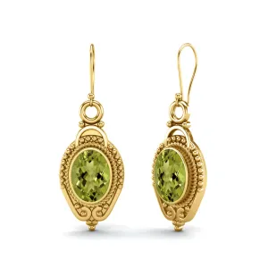 9k Yellow Gold 7x5mm Oval Peridot Dangle Earrings For Women