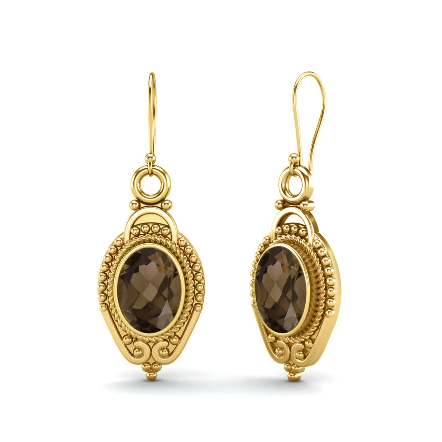 9k Yellow Gold 7x5mm Oval Smoky Quartz Dangle Earrings For Women