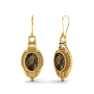 9k Yellow Gold 7x5mm Oval Smoky Quartz Dangle Earrings For Women