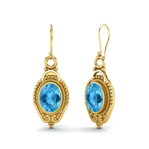 9k Yellow Gold 7x5mm Oval Swiss Blue Topaz Dangle Earrings For Women