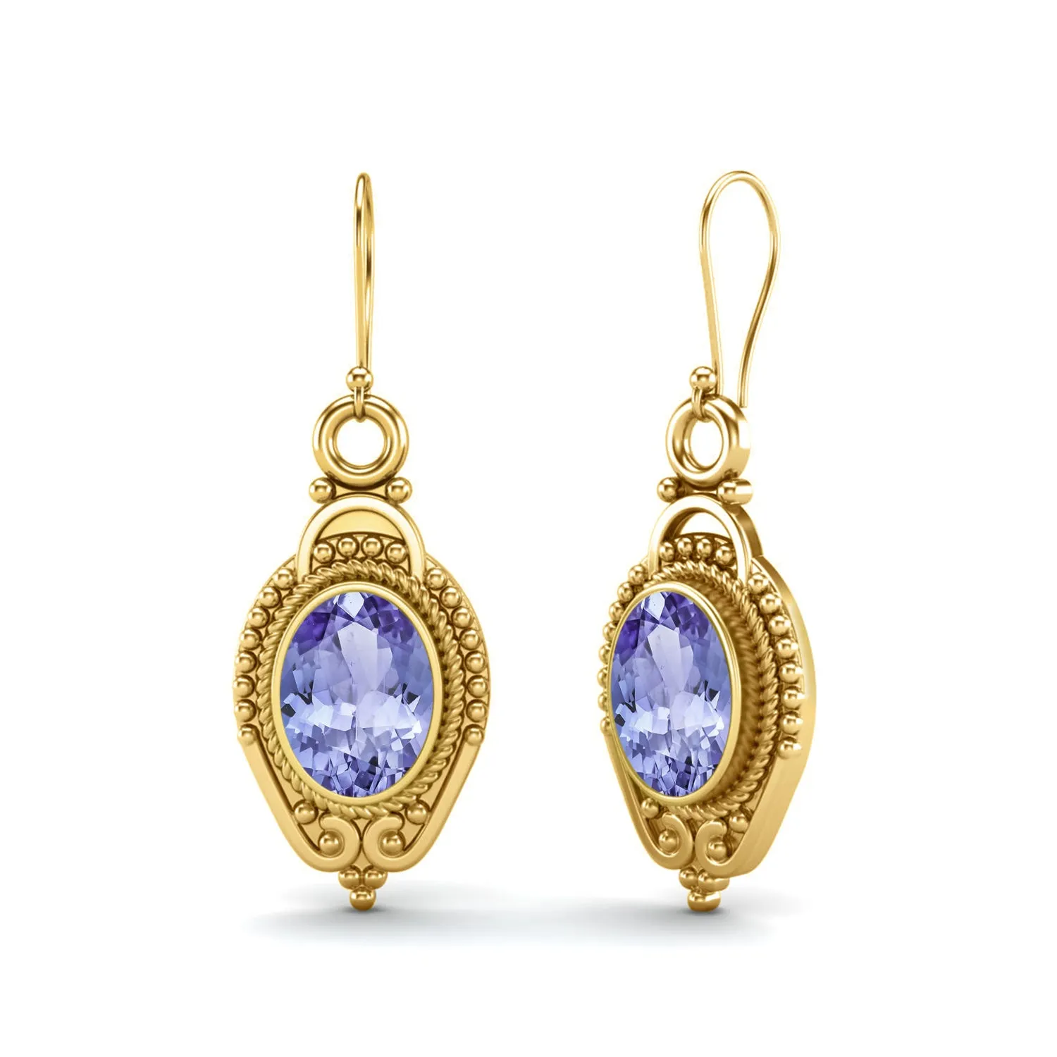 9k Yellow Gold 7x5mm Oval Tanzanite Dangle Earrings For Women