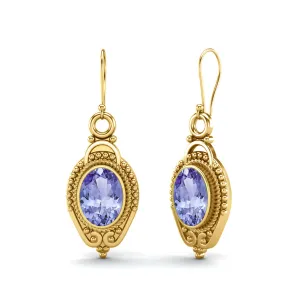 9k Yellow Gold 7x5mm Oval Tanzanite Dangle Earrings For Women