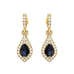 9k Yellow Gold Blue Sapphire Pear Shape Chandelier Teardrop Women Earrings