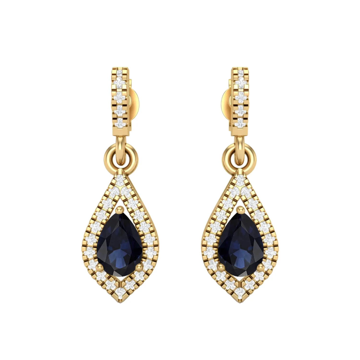 9k Yellow Gold Blue Sapphire Pear Shape Chandelier Teardrop Women Earrings