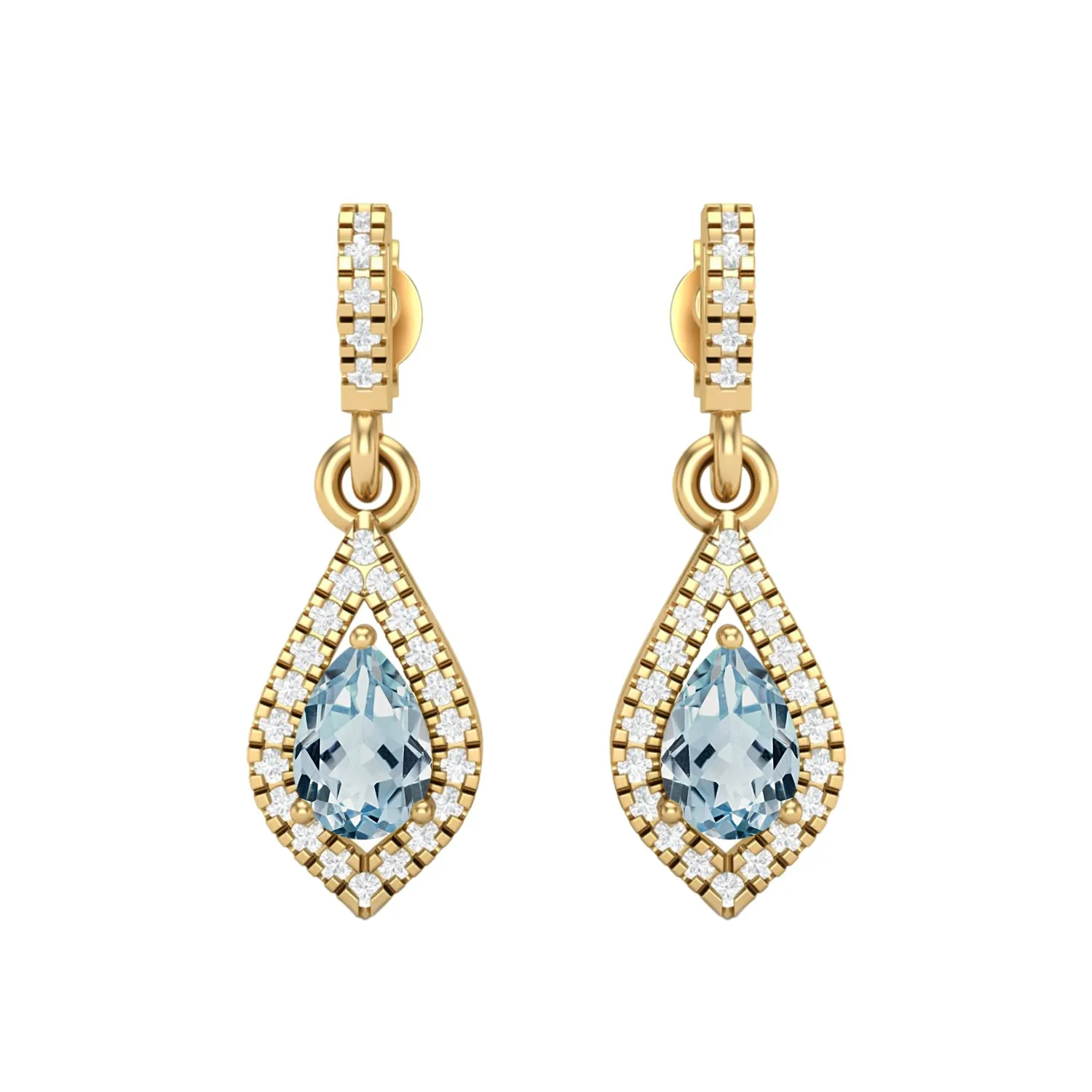 9k Yellow Gold Blue Topaz Pear Shape Chandelier Teardrop Women Earrings