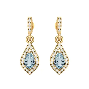 9k Yellow Gold Blue Topaz Pear Shape Chandelier Teardrop Women Earrings