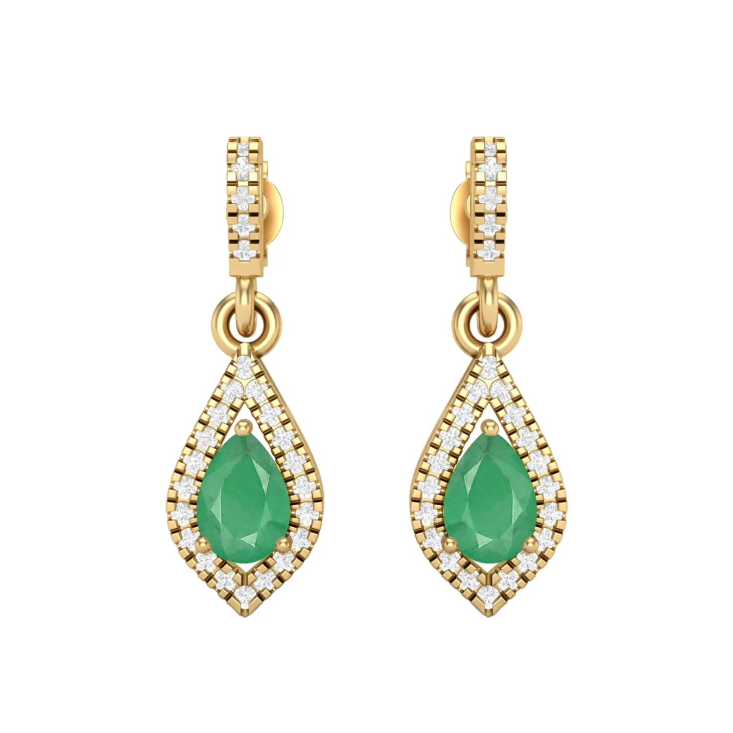 9k Yellow Gold Emerald Zambia Pear Shape Chandelier Teardrop Women Earrings