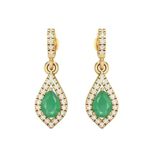9k Yellow Gold Emerald Zambia Pear Shape Chandelier Teardrop Women Earrings