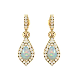 9k Yellow Gold Ethiopian Opal Pear Shape Chandelier Teardrop Women Earrings