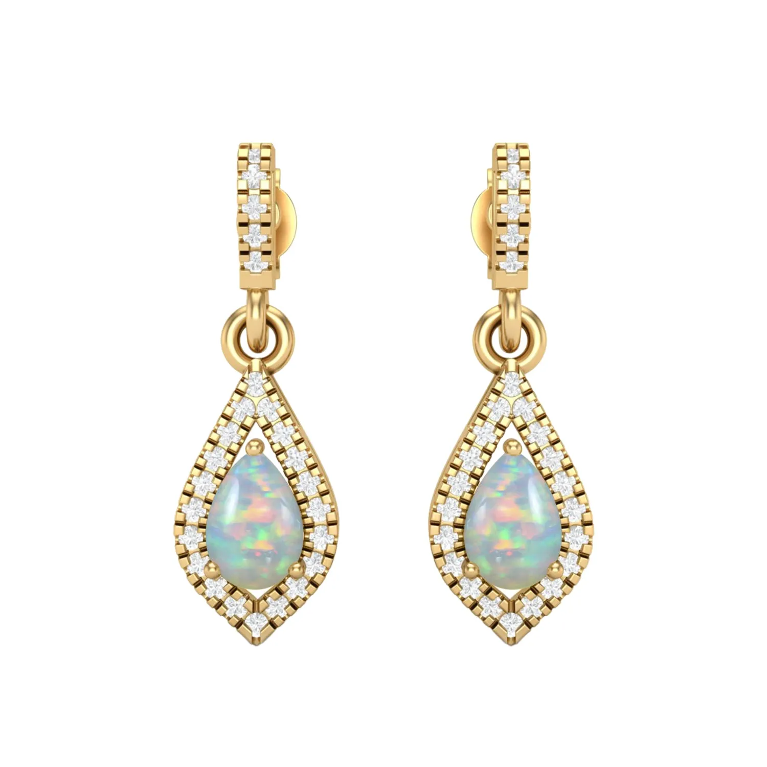 9k Yellow Gold Ethiopian Opal Pear Shape Chandelier Teardrop Women Earrings