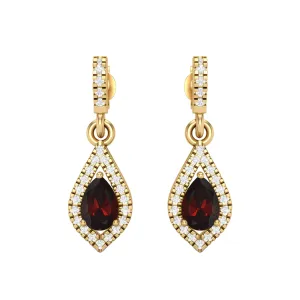 9k Yellow Gold Garnet Pear Shape Chandelier Teardrop Women Earrings