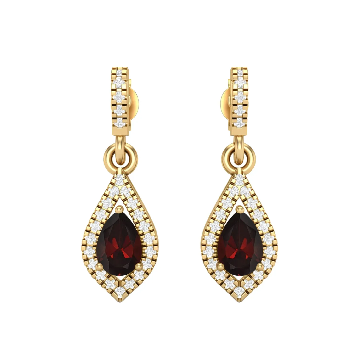 9k Yellow Gold Garnet Pear Shape Chandelier Teardrop Women Earrings