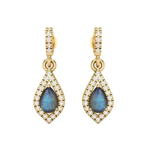 9k Yellow Gold Labradorite Pear Shape Chandelier Teardrop Women Earrings