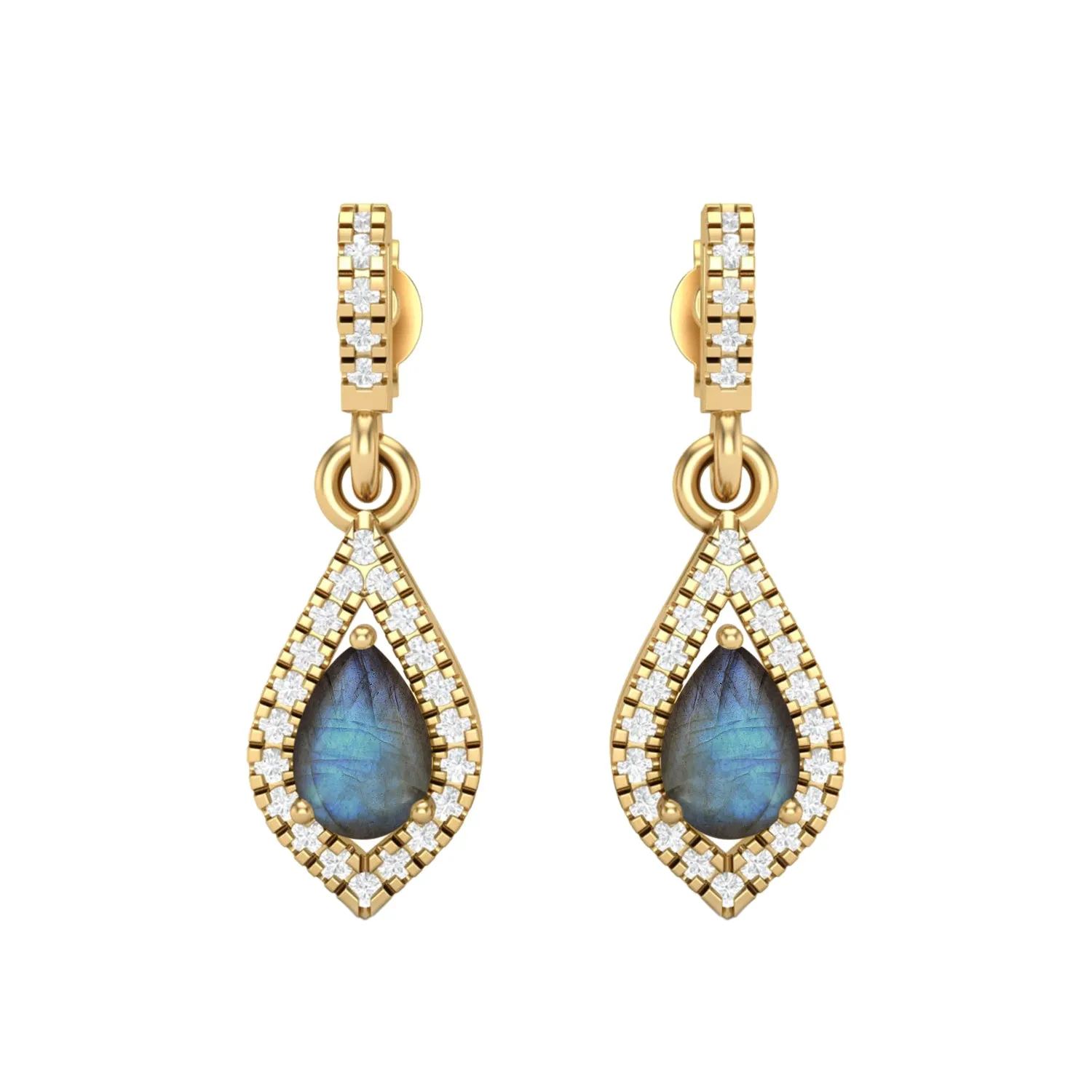 9k Yellow Gold Labradorite Pear Shape Chandelier Teardrop Women Earrings