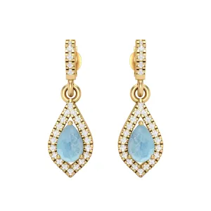 9k Yellow Gold Larimar Pear Shape Chandelier Teardrop Women Earrings