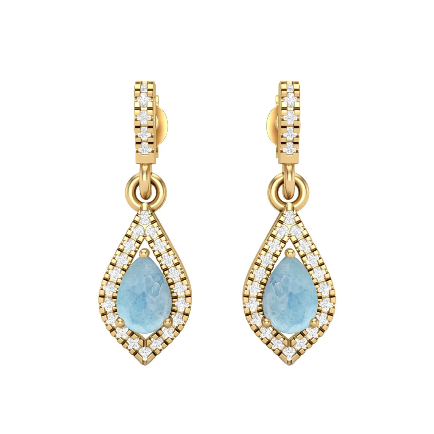 9k Yellow Gold Larimar Pear Shape Chandelier Teardrop Women Earrings