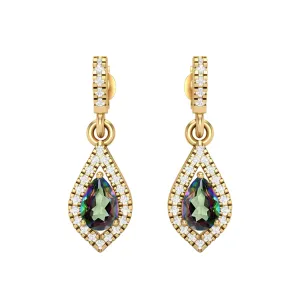 9k Yellow Gold Mystic Topaz Pear Shape Chandelier Teardrop Women Earrings