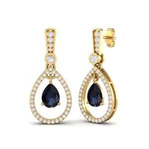9k Yellow Gold Pear Shape Blue Sapphire Unique Studs Earrings For Women Gift