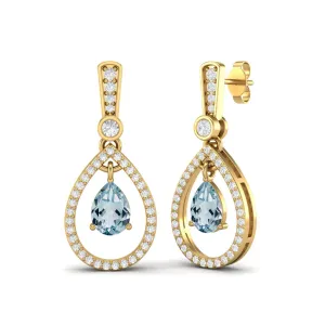 9k Yellow Gold Pear Shape Blue Topaz Vintage Blue Gemstone Women Earrings