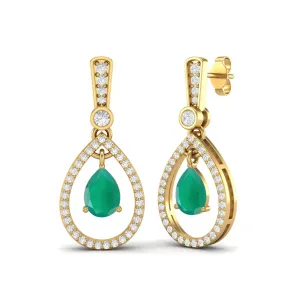 9k Yellow Gold Pear Shape Green Onyx Women Earrings Vintage Studs Earrings