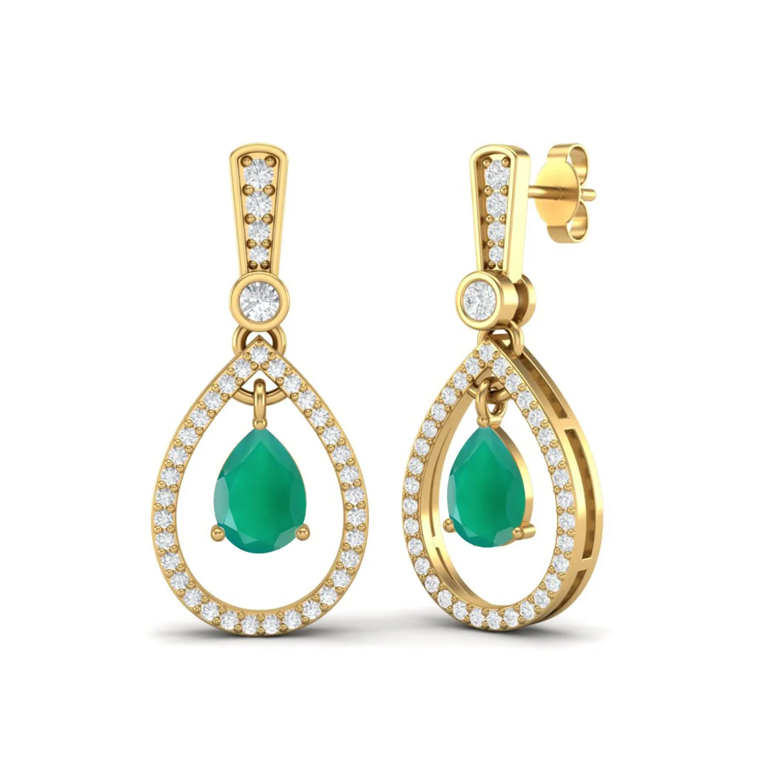 9k Yellow Gold Pear Shape Green Onyx Women Earrings Vintage Studs Earrings