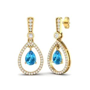 9k Yellow Gold Pear Shape Swiss Blue Topaz Earrings Unique Studs Earrings