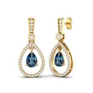 9k Yellow Gold Pear Shaped London Blue Topaz Earrings For Women Studs Earrings