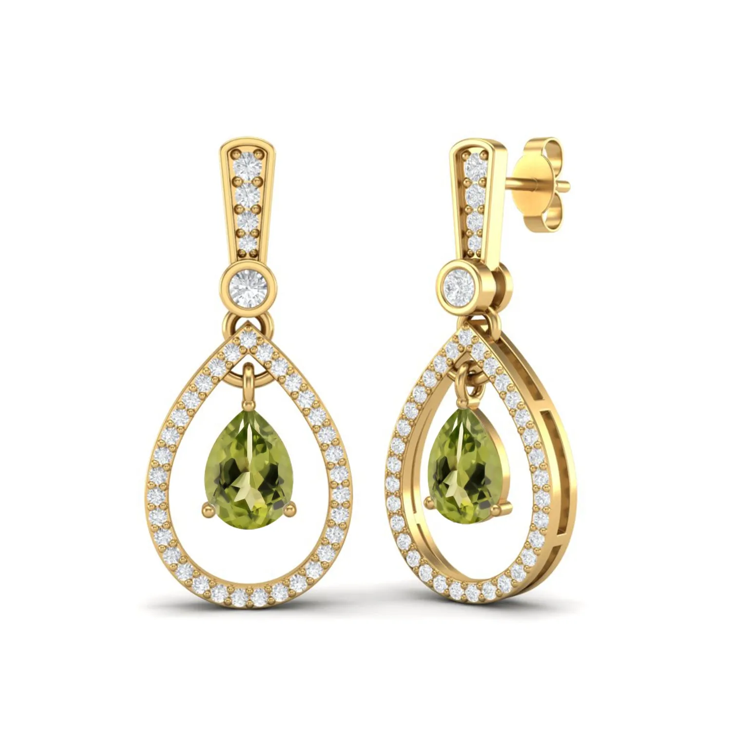 9k Yellow Gold Pear Shaped Peridot Studs Earrings For Women