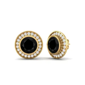 9k Yellow Gold Round Bezel Set Black Spinel Minimalist Stud Women Earrings