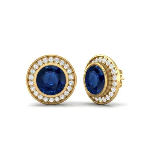 9k Yellow Gold Round Bezel Set Blue Sapphire Minimalist Stud Women Earrings