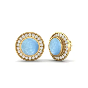 9k Yellow Gold Round Bezel Set Larimar Minimalist Stud Women Earrings