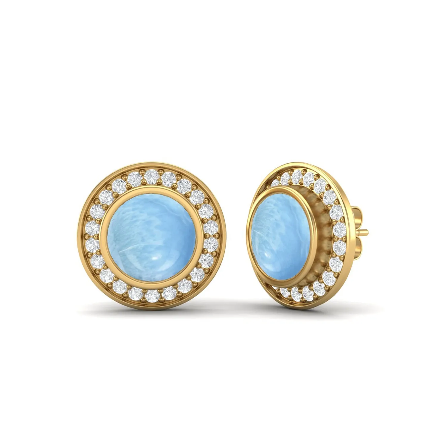 9k Yellow Gold Round Bezel Set Larimar Minimalist Stud Women Earrings