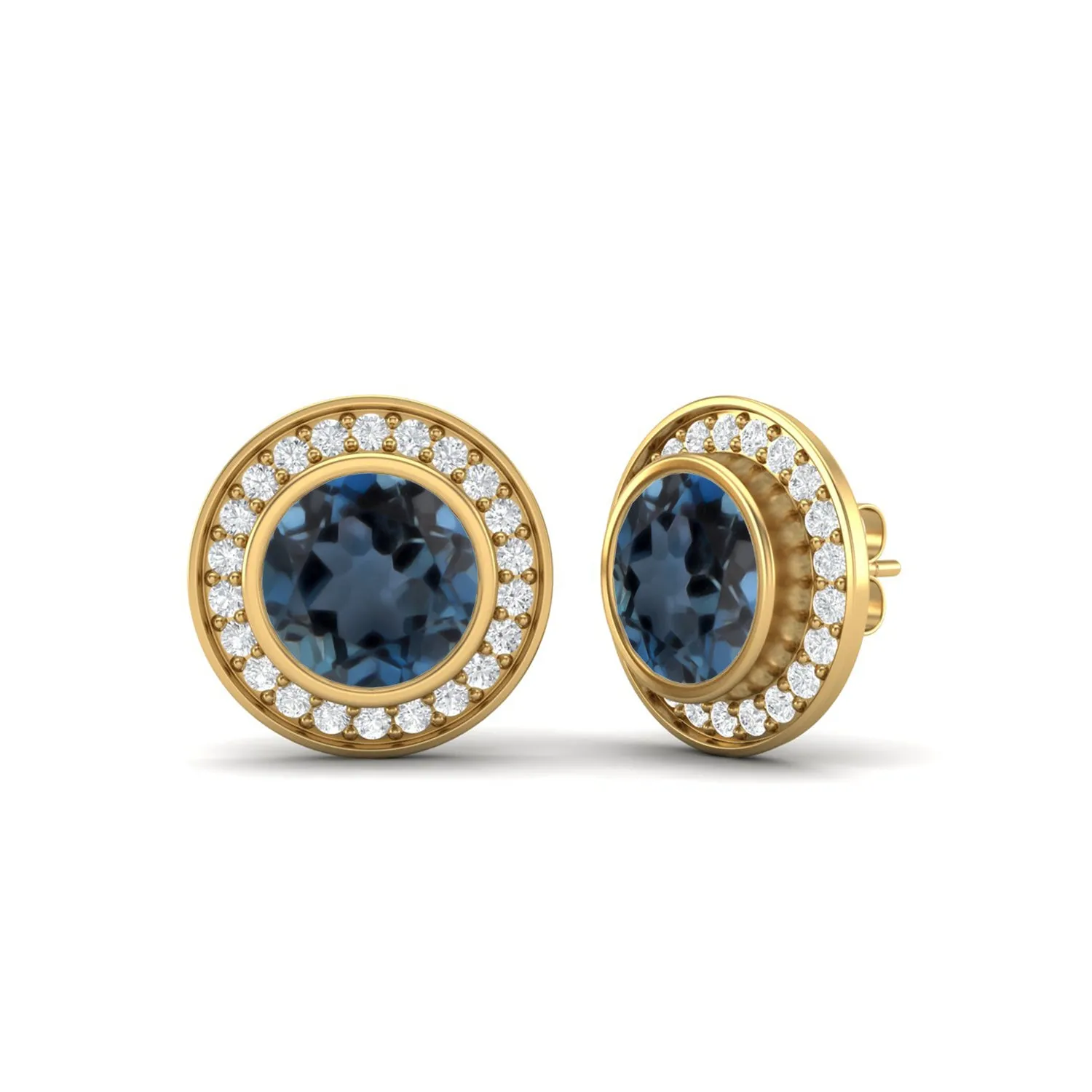9k Yellow Gold Round Bezel Set London Blue Topaz Minimalist Stud Earrings